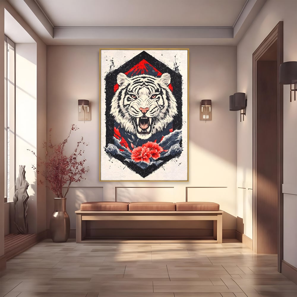 Tablou canvas cu tablou canvas cu tigru alb si flori rosii, in rama de aluminiu auriu